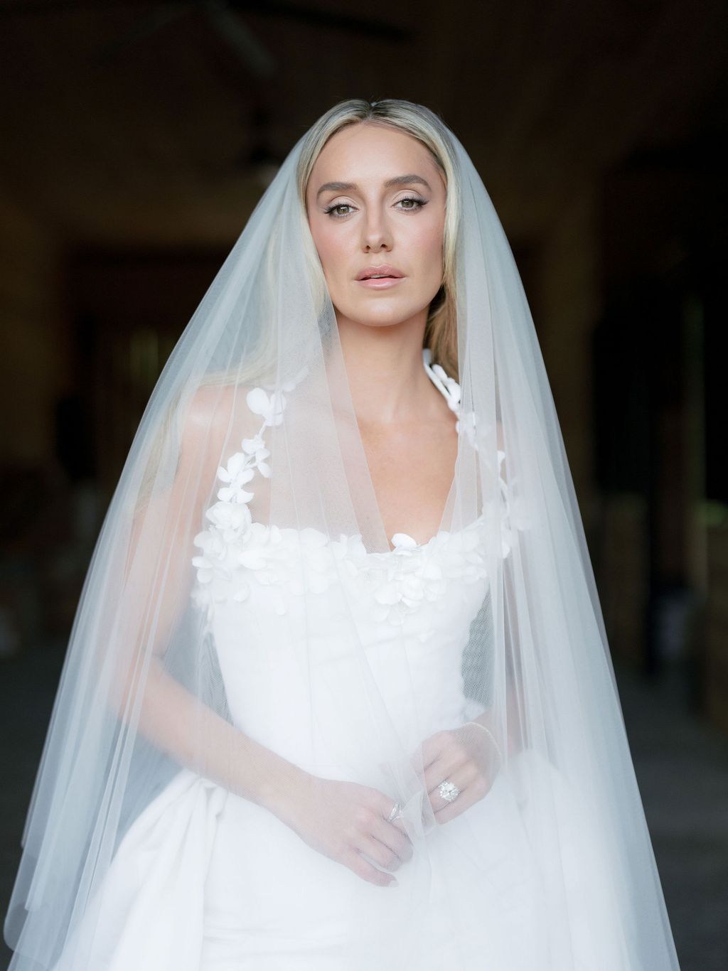 Image may contain Clothing Dress Fashion Formal Wear Gown Wedding Wedding Gown Bridal Veil Person and Veil