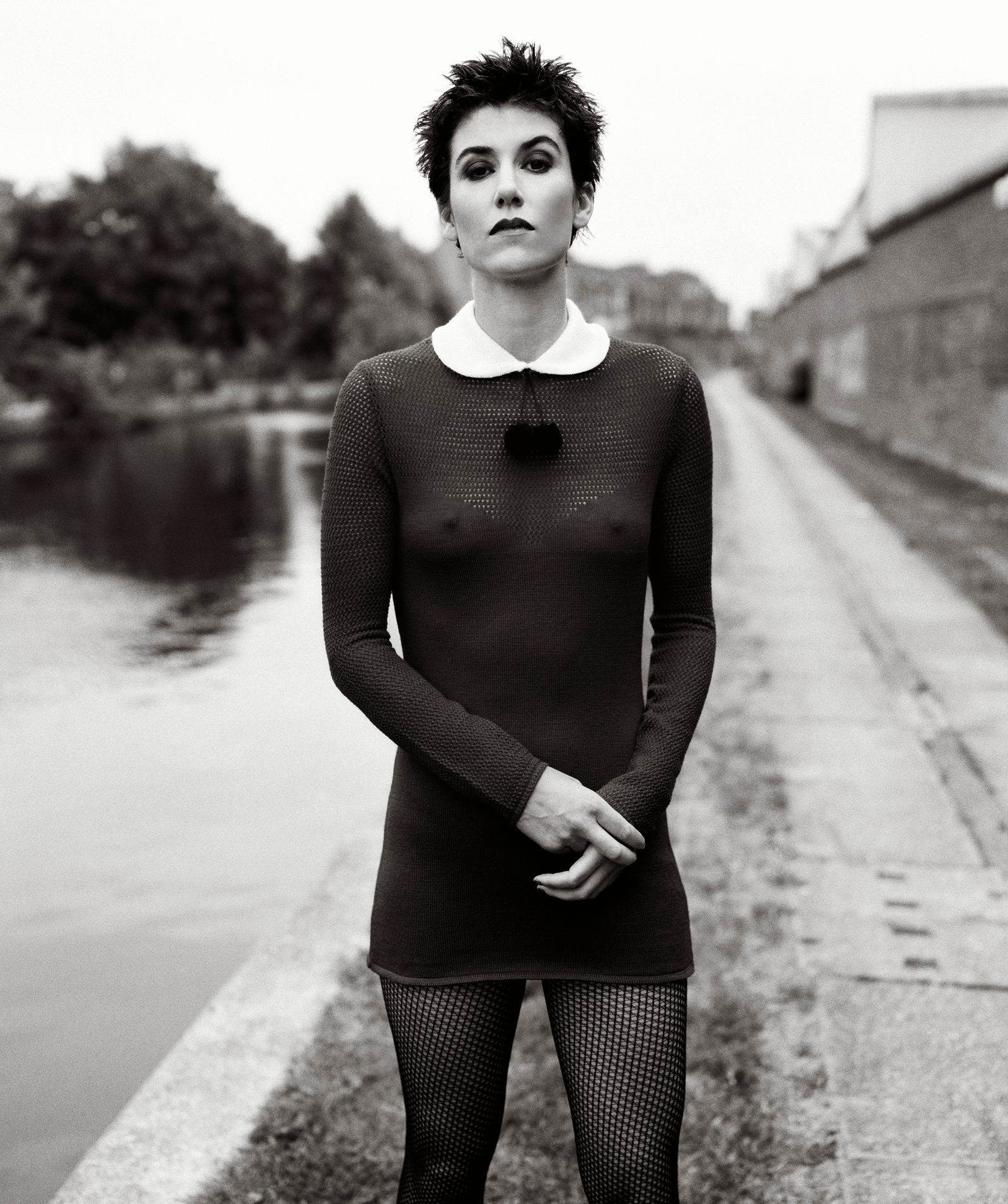Image may contain Bella Freud Face Head Person Photography Portrait Clothing Long Sleeve Sleeve and Accessories
